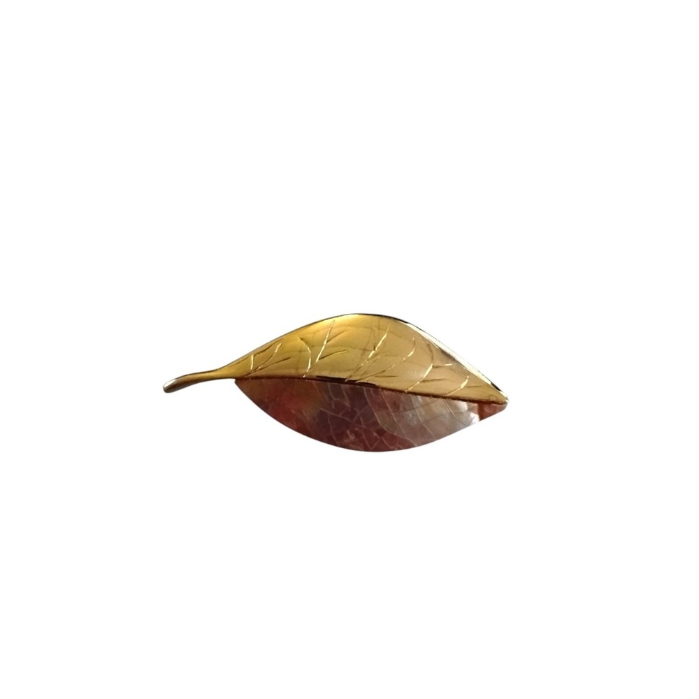 Liz Claiborne Vintage Gold Tone Leaf Brooch Mother of Pearl Inlay LC Signed